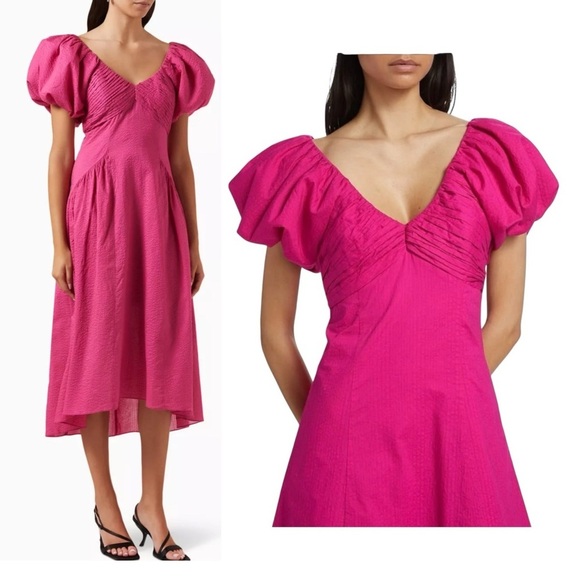 FRAME Puff-sleeve Textured Midi Dress V-neck A-line High Low Flounce Hem Small - Picture 10 of 16
